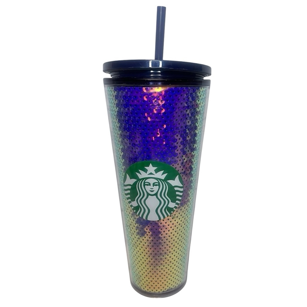 Starbucks Venti Cold Cup Coffee Tumbler 24oz Dark Purple Sequin Holiday 2020.